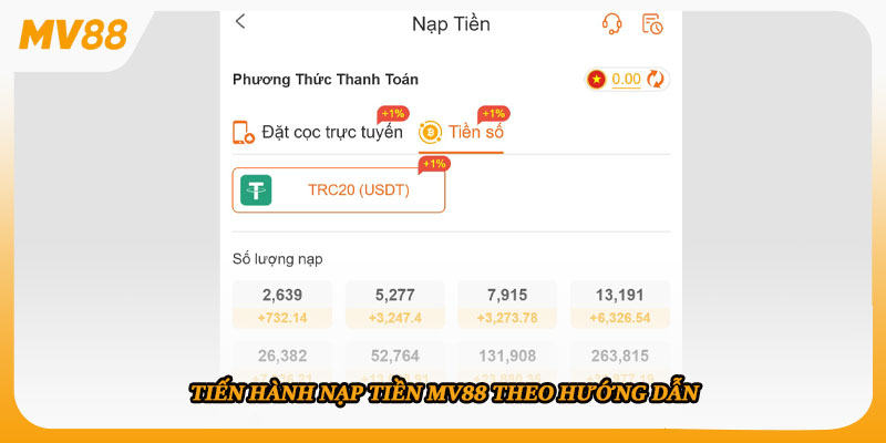 Tiến hành nạp tiền MV88 theo hướng dẫn